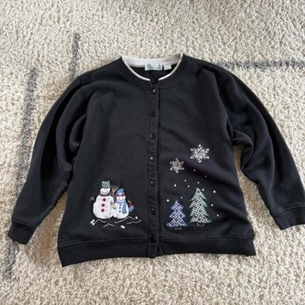 Vtg Shenanigans Womens 2X Ugly Christmas Embroidered Cardigan Sweater Black